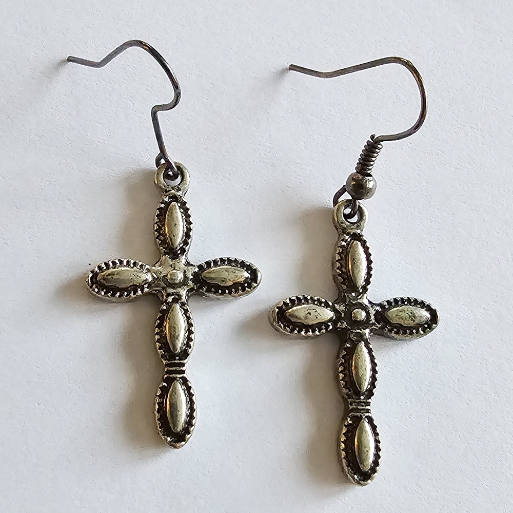 Southwestern cross earrings silver tone christian religious jewelry